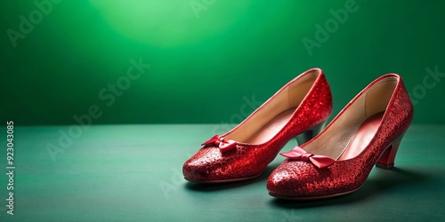 Pair of ruby slippers on emerald green background, ruby slippers, emerald green, shoes, footwear, fashion, fantasy, magical