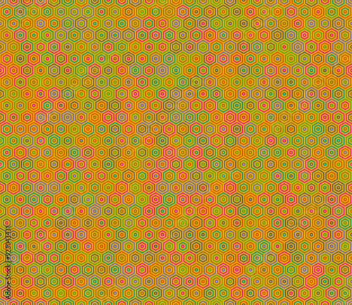 Abstract pattern of hexagon shapes. Stacked hexagon bold mosaic cell. Hexagon shapes. Multiple tones color palette. Seamless pattern. Tileable vector illustration.
