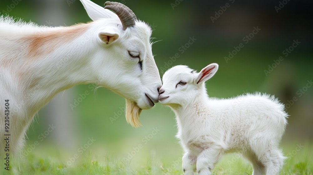 Obraz premium A mother goat tenderly nuzzles and gazes at her baby with deep affection. The baby goat, nestled close, feels secure and loved in her presence.