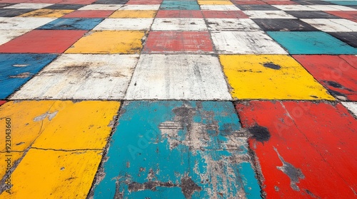 The multicolored floor of the autodrome is a vibrant display of hues, with streaks and traces left by the wheels of racing cars.