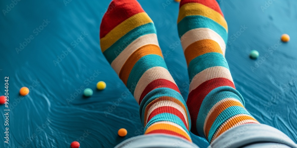 Foot wearing colorful christmas sock Foot wearing colorful christmas sock