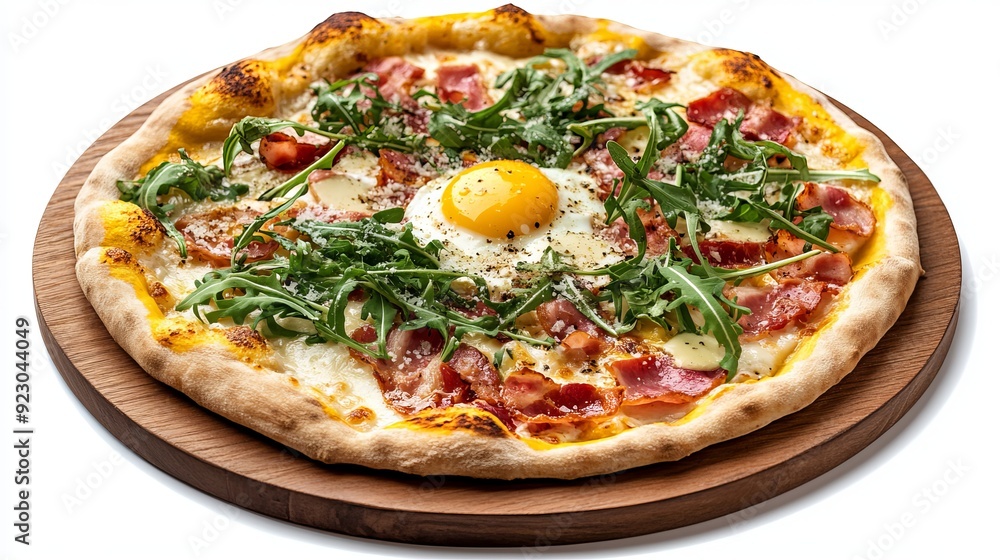 A Pizza Carbonara features a delicious blend of ingredients on a whole flatbread. A Pizza Carbonara features a delicious blend of ingredients on a whole flatbread.