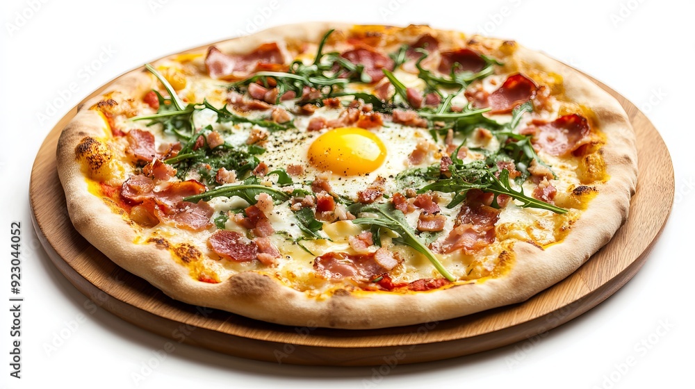 A Pizza Carbonara features a delicious blend of ingredients on a whole flatbread. A Pizza Carbonara features a delicious blend of ingredients on a whole flatbread.