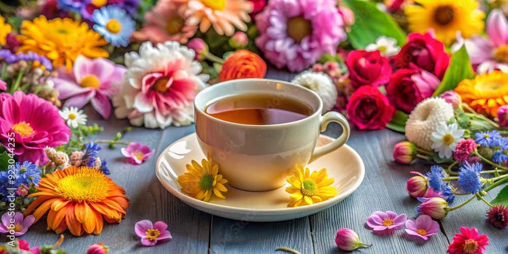 A beautiful still life composition of a cup of tea surrounded by colorful flowers, Tea, flowers, floral, arrangement, garden A beautiful still life composition of a cup of tea surrounded by colorful flowers, Tea, flowers, floral, arrangement, garden