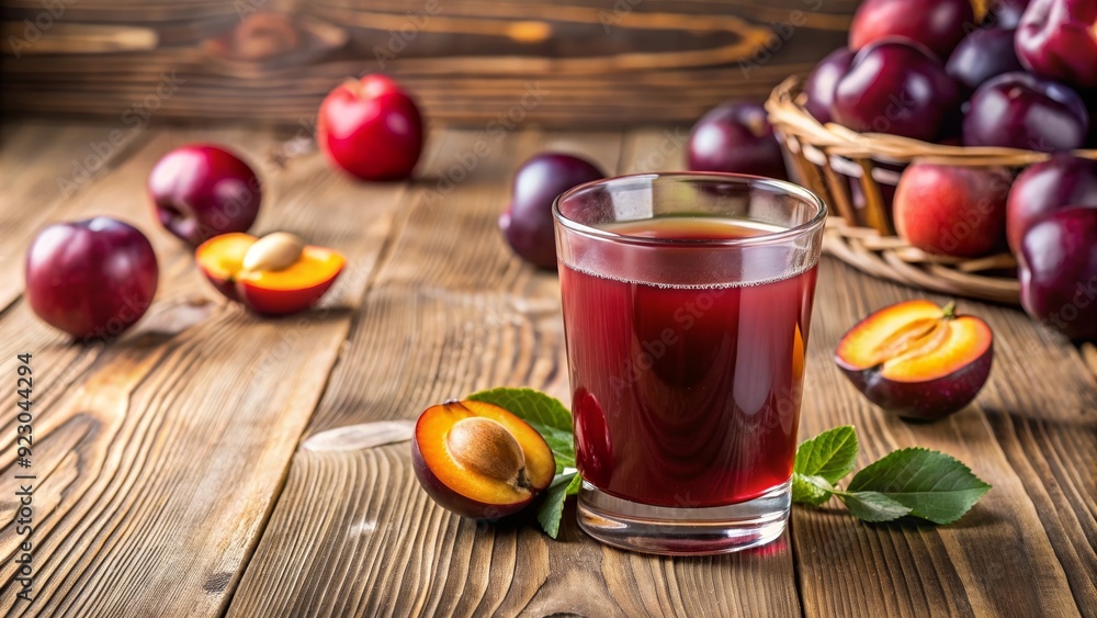 Plum juice in a glass on a wooden table , fruit, beverage, drink, healthy, refreshment, summer, natural, organic, ripe Plum juice in a glass on a wooden table , fruit, beverage, drink, healthy, refreshment, summer, natural, organic, ripe