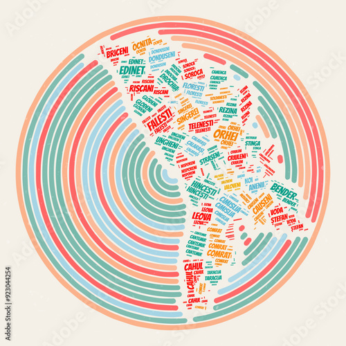 Moldova Round Poster. Typography style image of Country. Regions word clouds of Moldova. Vintage image design with scratch texture.