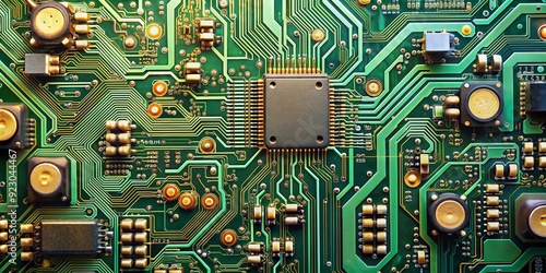 Electronic circuit board with various components and pathways, technology, hardware, electronic, innovation