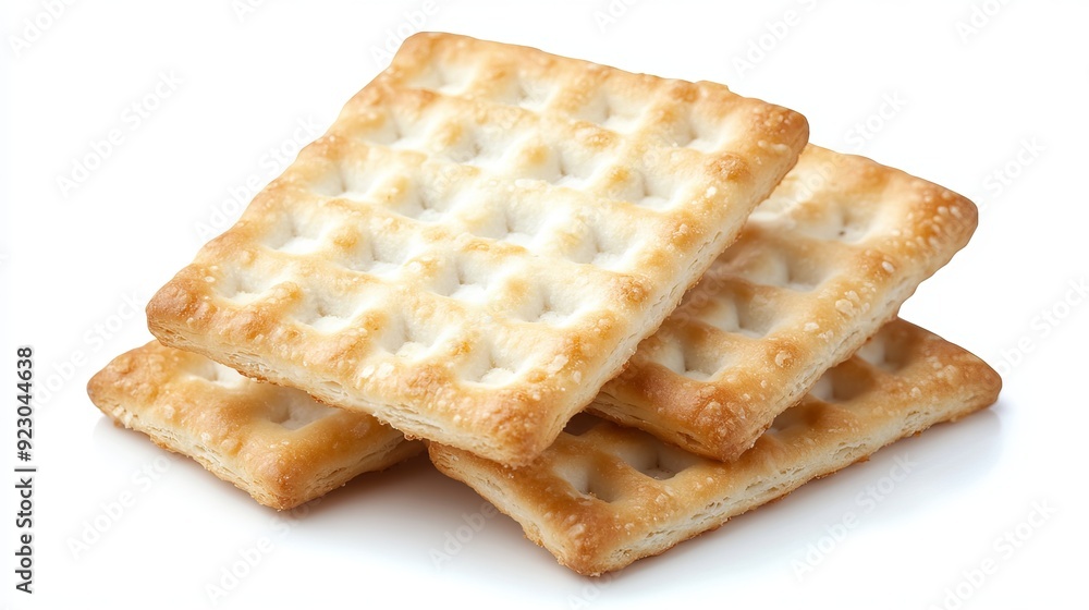 A Saltine soda cracker isolated on a white background showcases its crisp, light texture and uniform appearance. A Saltine soda cracker isolated on a white background showcases its crisp, light texture and uniform appearance.