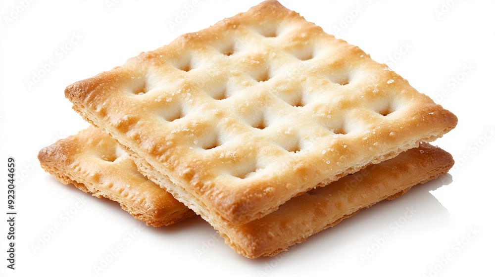 A Saltine soda cracker isolated on a white background showcases its crisp, light texture and uniform appearance. A Saltine soda cracker isolated on a white background showcases its crisp, light texture and uniform appearance.