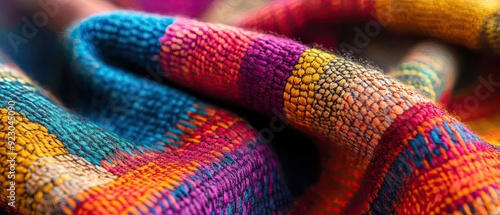 Close-up of a vibrant fabric texture with woven patterns and thread details creating a dynamic visual effect