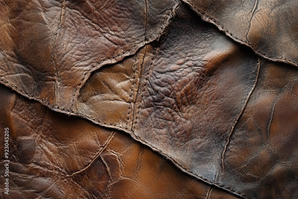 Detailed view of a weathered leather surface showing unique textures and creases with subtle color variations Detailed view of a weathered leather surface showing unique textures and creases with subtle color variations
