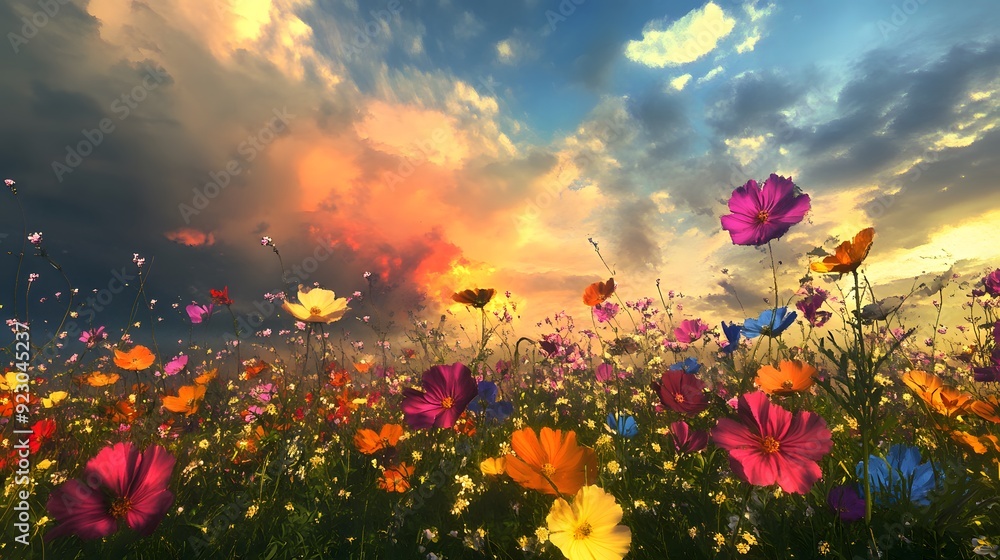 Fototapeta premium A vibrant field of flowers glowing under a sunset with poppies and daisies in bloom