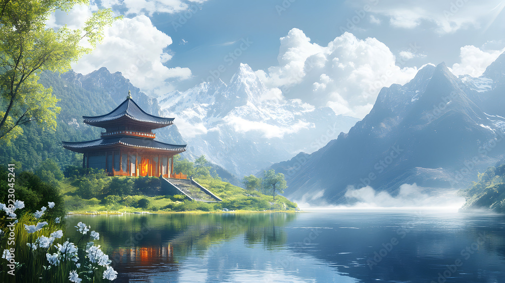Temple by the Lake: A Serene Reflection of Ancient Architecture Amidst Majestic Mountains Temple by the Lake: A Serene Reflection of Ancient Architecture Amidst Majestic Mountains