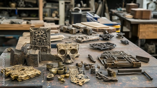 Tools, molds, and pieces of metal used by artists, displayed at an educational event in Indiana, USA. 