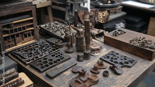 Tools, molds, and pieces of metal used by artists, displayed at an educational event in Indiana, USA. 