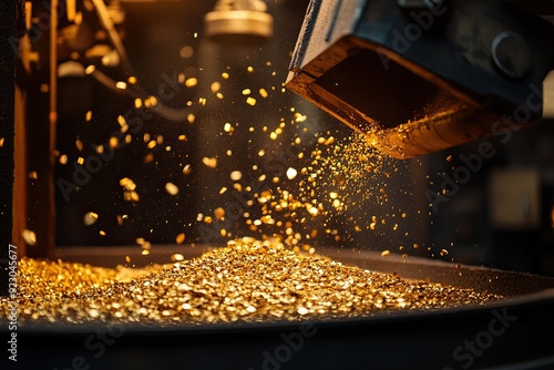 Gold ore being processed through industrial machinery with close-up of gold particles emerging from machinery against a factory backdrop