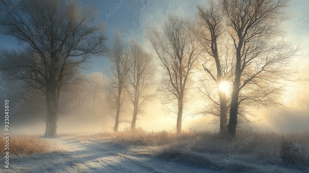 Trees bathed in winter light, partially shrouded in fog. Trees bathed in winter light, partially shrouded in fog.