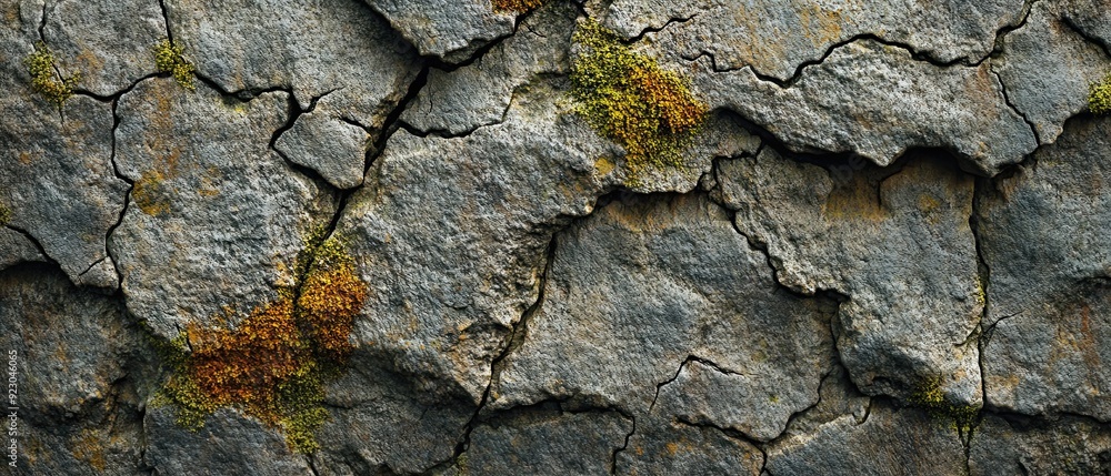 Macro view of a weathered stone surface showcasing natural cracks and mossy patches with detailed textures Macro view of a weathered stone surface showcasing natural cracks and mossy patches with detailed textures