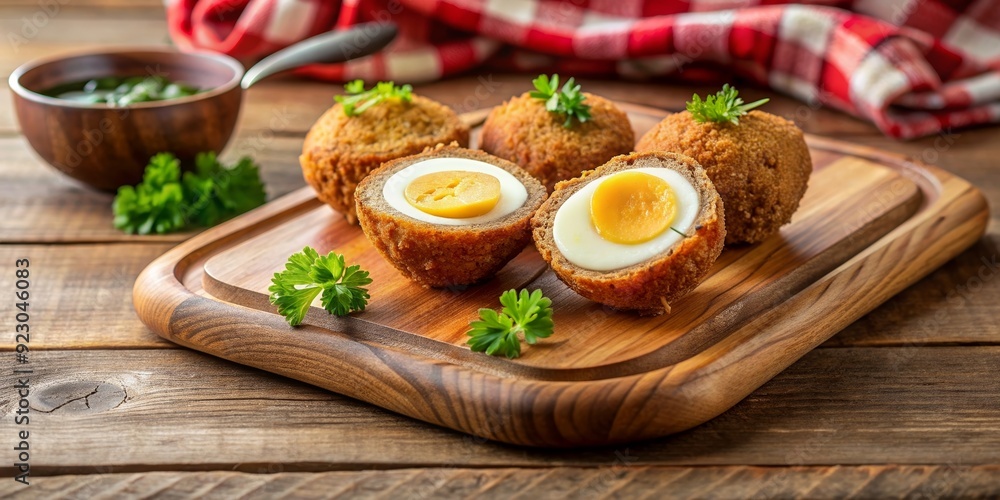 Delicious Scotch eggs served on a wooden board , Food, British, Snack, Appetizer, Meal, Traditional, Egg, Sausage, Crispy, Golden Delicious Scotch eggs served on a wooden board , Food, British, Snack, Appetizer, Meal, Traditional, Egg, Sausage, Crispy, Golden