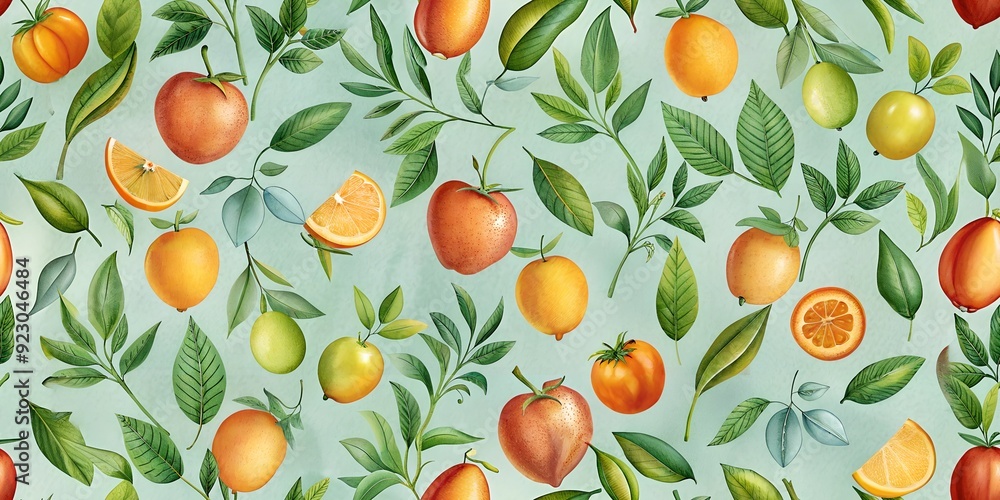 Seamless Fresh Fruits and Leaves on Light Teal Background. Perfect for: Summer Festivals, Fresh-Themed Events, Nature Celebrations Seamless Fresh Fruits and Leaves on Light Teal Background. Perfect for: Summer Festivals, Fresh-Themed Events, Nature Celebrations