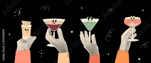 Womans halftone collage hands hold alcoholic cocktails and drinks. Funky characters in retro groovy style. Contemporary newspaper elements on black background.