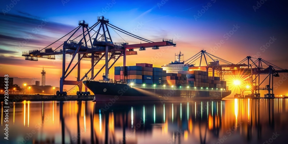 Fototapeta premium Cargo ship silhouette at port with cranes lifting containers at night under bright lights, transportation
