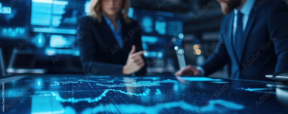 Aerospace industry executives engage in a discussion about economic impacts, with data holograms displayed in the background. Aerospace industry executives engage in a discussion about economic impacts, with data holograms displayed in the background.