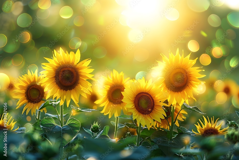 Obraz premium Sunlit sunflowers, vibrant field, summer beauty.