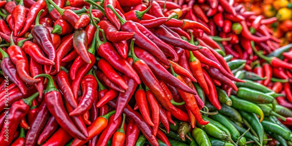 Vibrant image of red hot chili peppers on display at a farmers market, spicy, vegetables, food, market, vibrant, red Vibrant image of red hot chili peppers on display at a farmers market, spicy, vegetables, food, market, vibrant, red
