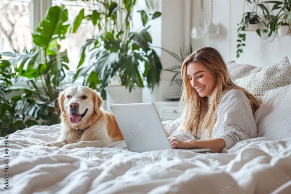Beautiful woman using laptop and dog lying on bed at home Beautiful woman using laptop and dog lying on bed at home