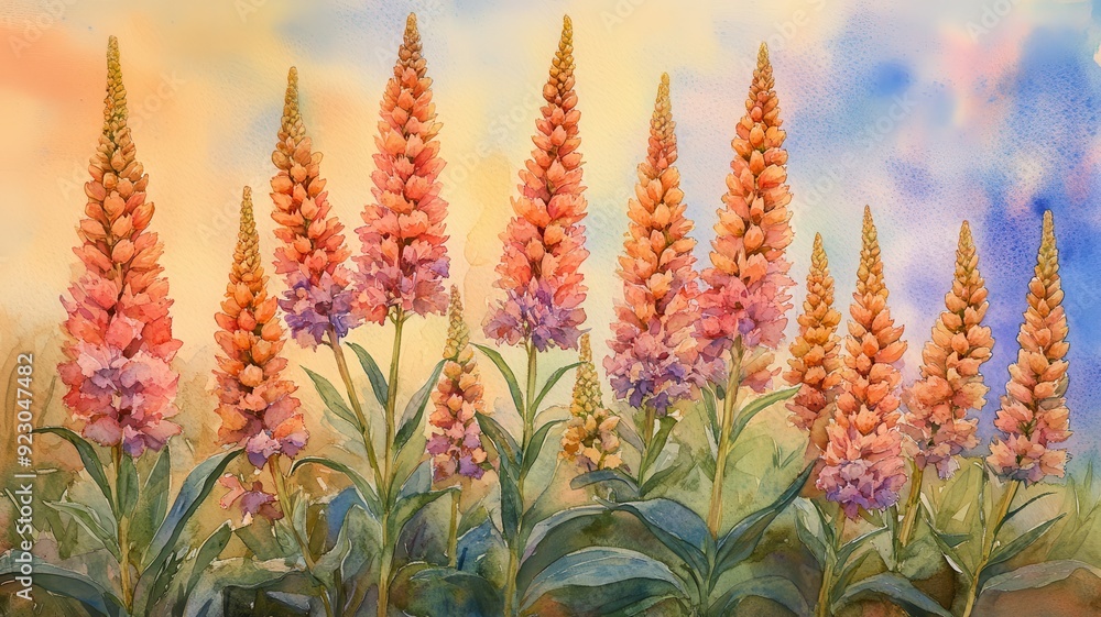 Obraz premium Ethereal Verbascum Frame: Watercolor Floral Arrangement with Tall Spires in Soft Hues