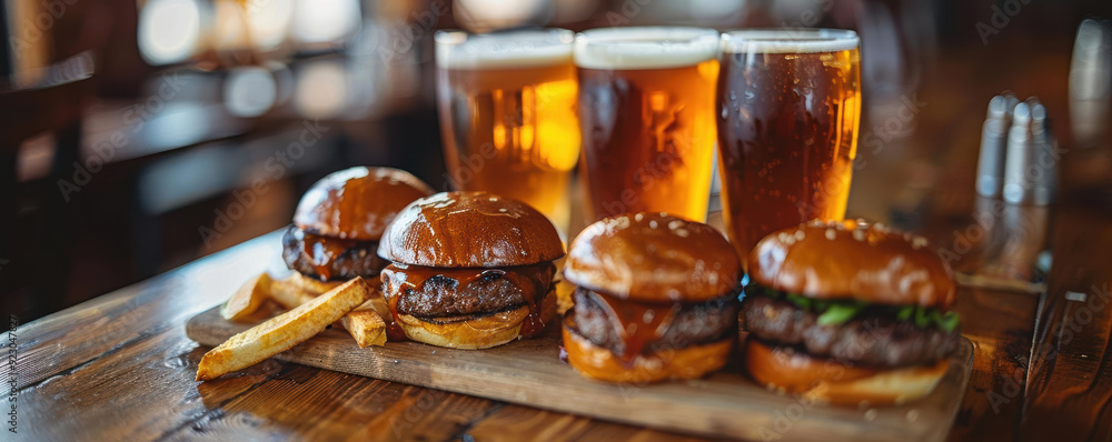 Casual Dining Setting Beer and sliders on a table, casual dining setting Casual Dining Setting Beer and sliders on a table, casual dining setting