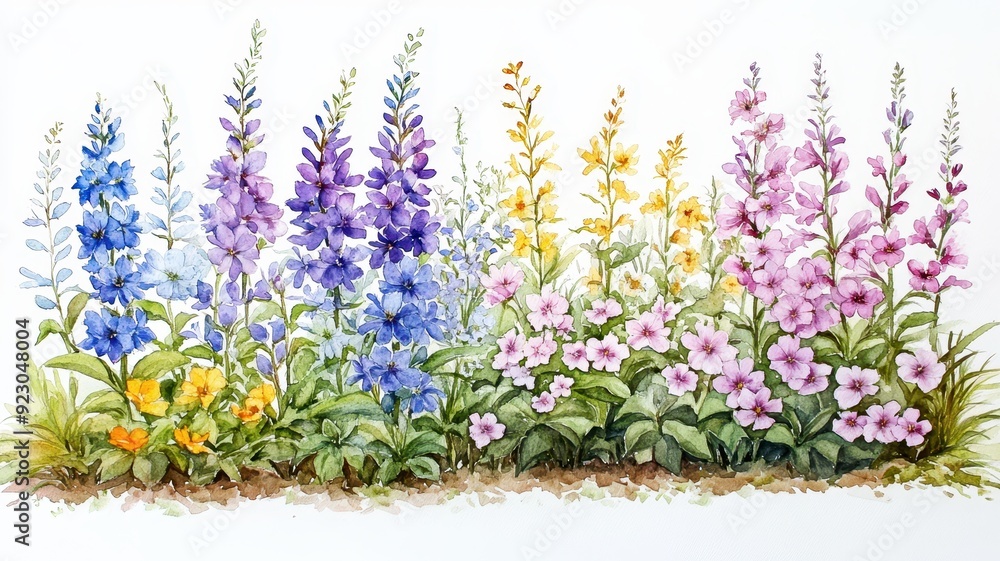 Naklejka premium Watercolor Silene Border with Delicate Blooms in Wildflower Garden