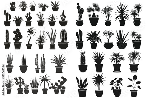 Set of decorative house plants silhouettes, Beautiful plants in decorative pots silhouettes, Silhouette of indoor plants in flower pot, Pot plants silhouette, Garden Plants Vector Silhouette