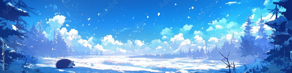 Fototapeta premium Abstract Enchanting Winter Wonderland: Anime-Style Snowy Forest with Hibernating Hedgehog. Dreamy 4K Illustration for 2025 Spring Festival and Christmas. Magical Landscape for Creative Marketing, Game