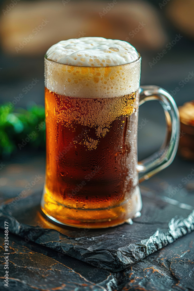 Dark Stone Beer mug with a frosty top, close-up with dark stone background Dark Stone Beer mug with a frosty top, close-up with dark stone background