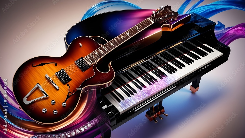 Fototapeta premium Illustration, Guitar merging into piano, International world Music day, vibrant colors, music lovers