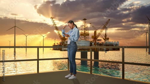 Full Body Side View Of An Asian Female Professional Worker Standing With Her Phone With Offshore Hydrogen Production, High-tech Industrial Facility, She Is Nodding Her Shead With Dissapionted photo