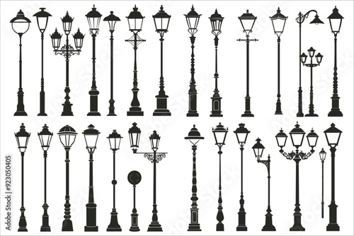 Set of street lamp silhouette vector, Set of street old lamps silhouettes, lamp post light silhouette set, Street lamp silhouette icon, Collection of street lamp silhouette