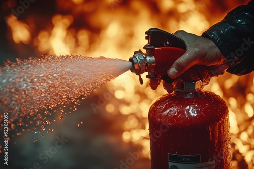 Wallpaper Mural Close-Up of Hands Operating Fire Extinguisher in Office Building – Turning on Spout for Liquid Discharge Against High Flames, Red and Black Colors with Axe Placed in Tank

 Torontodigital.ca