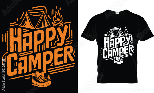 Happy Camper  with mountain and  hiking T-shirt design vector template. Inspire adventure  typography and colorful template ready for print.