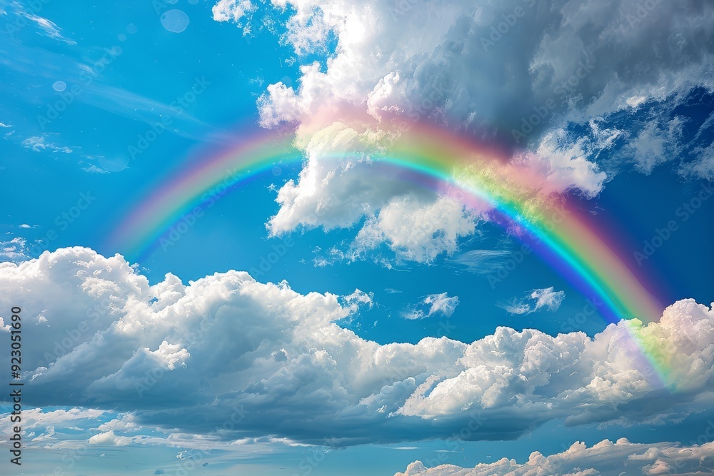 Vibrant rainbow arching across a clear blue sky with soft white clouds in the background, creating a striking and colorful scene. Vibrant rainbow arching across a clear blue sky with soft white clouds in the background, creating a striking and colorful scene.