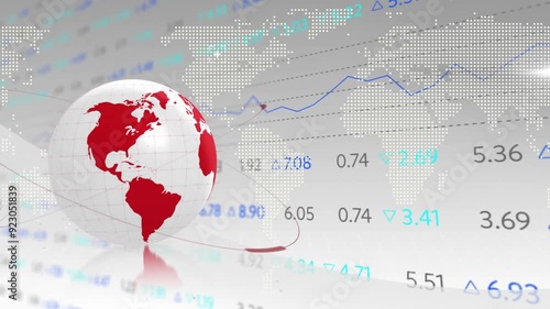 Global financial data and stock market trends animation over world map and globe photo