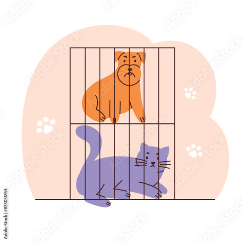 Vector illustration of a sad dog and cat in cages at an animal shelter. Flat cartoon style, icons for animal rescue, pets need adoption, veterinary clinic. Adorable puppy, kitten for humane projects