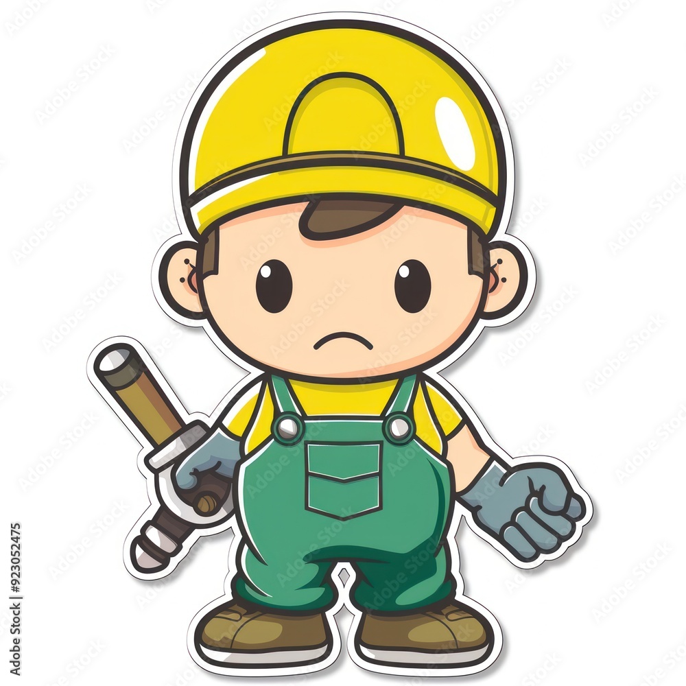 A cartoon character wearing a hard hat and overalls, holding a tool, representing construction work. A cartoon character wearing a hard hat and overalls, holding a tool, representing construction work.