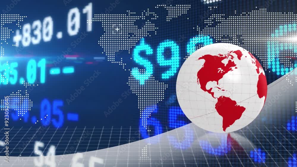 Global financial data and stock market trends animation over world map background