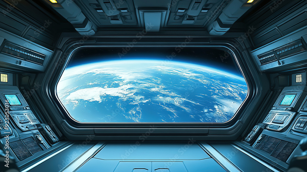 A spaceship interior with blue earth view through window