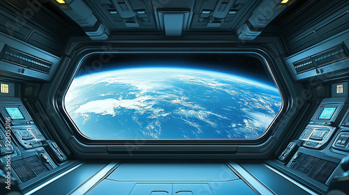Obraz na płótnie A spaceship interior with blue earth view through window w salonie