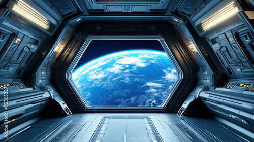 Fototapeta Naklejka Na Ścianę i Meble -  A spaceship interior with blue earth view through window