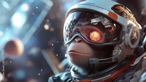 A startled monkey in a helmet, discovering glowing alien fruit in zero gravity with planets in the background.